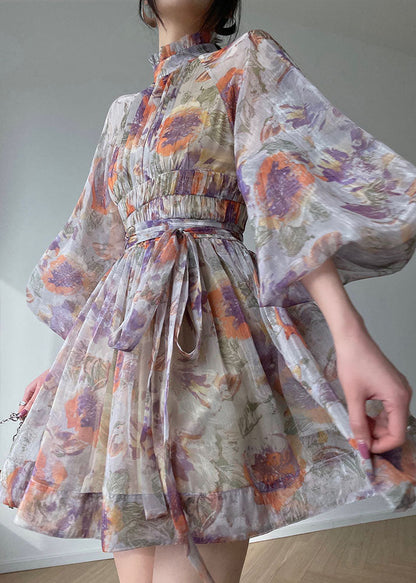 Purple Stand Collar Wrinkled Print Silk Maxi Dresses Lantern Sleeve