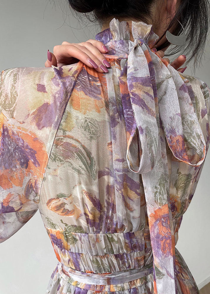 Purple Stand Collar Wrinkled Print Silk Maxi Dresses Lantern Sleeve