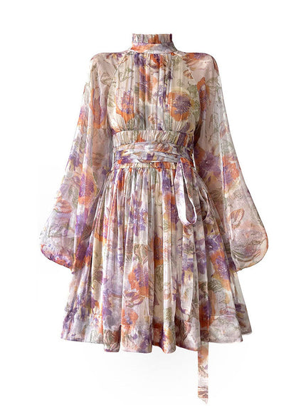 Purple Stand Collar Wrinkled Print Silk Maxi Dresses Lantern Sleeve
