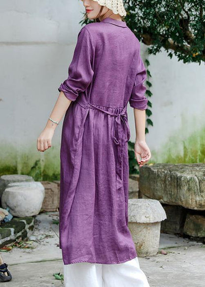 Purple Tunic Notched Tie Waist Spring Dress