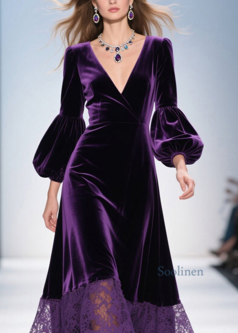 Purple V Neck Lace Patchwork Velvet Dress Spring