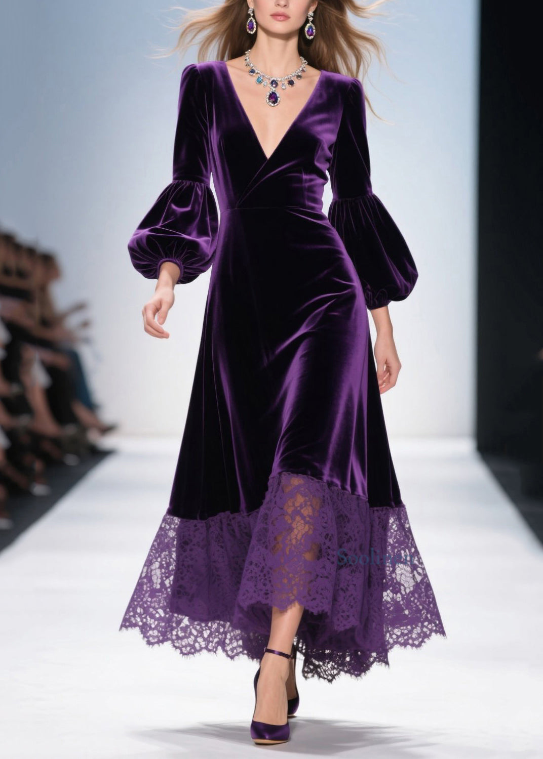 Purple V Neck Lace Patchwork Velvet Dress Spring