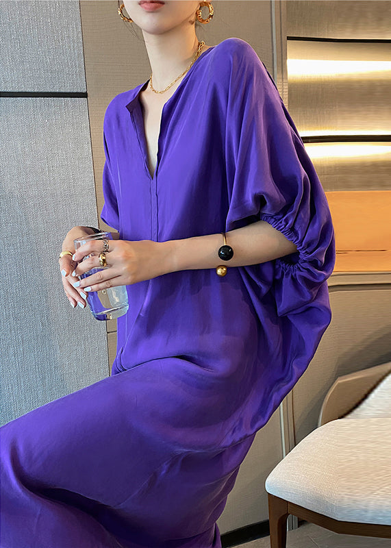 Purple V Neck Patchwork Silk Maxi Dresses Long Sleeve