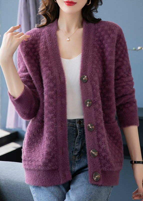 Purple V Neck Pockets Patchwork Mink Hair Knitted Coats Fall