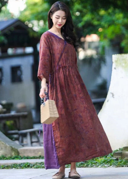 Purple V Neck Print Drawstring Patchwork Linen Dresses Summer