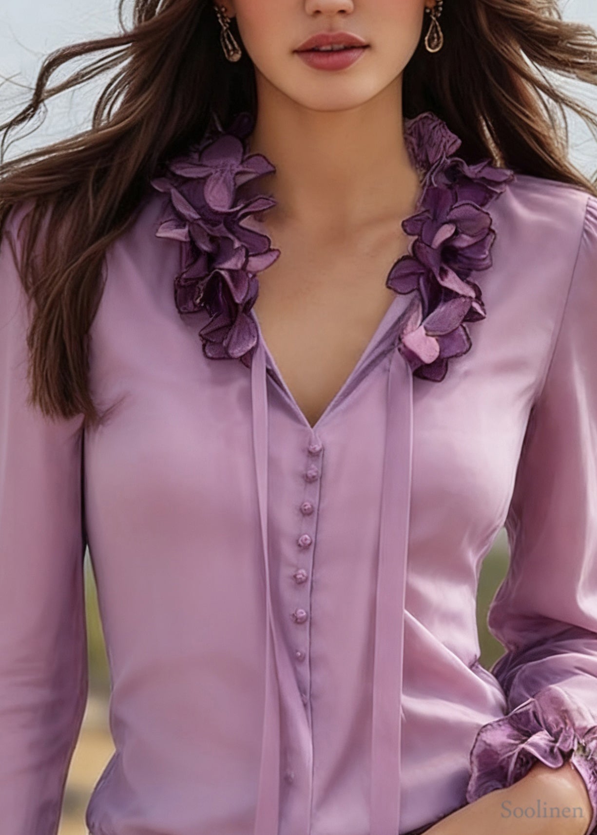 Beautiful Purple V Neck Tie Lace Solid Silk Top Spring