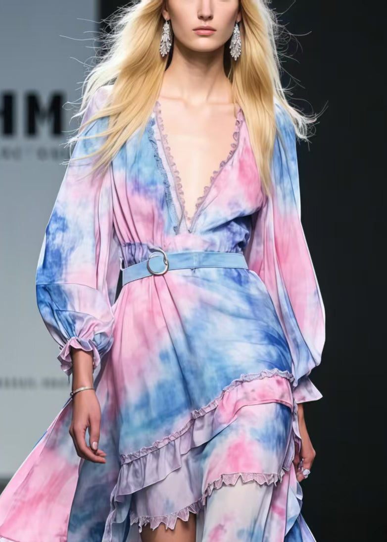 Rainbow Asymmetrical Tie Dye Chiffon Tunic Dress Spring