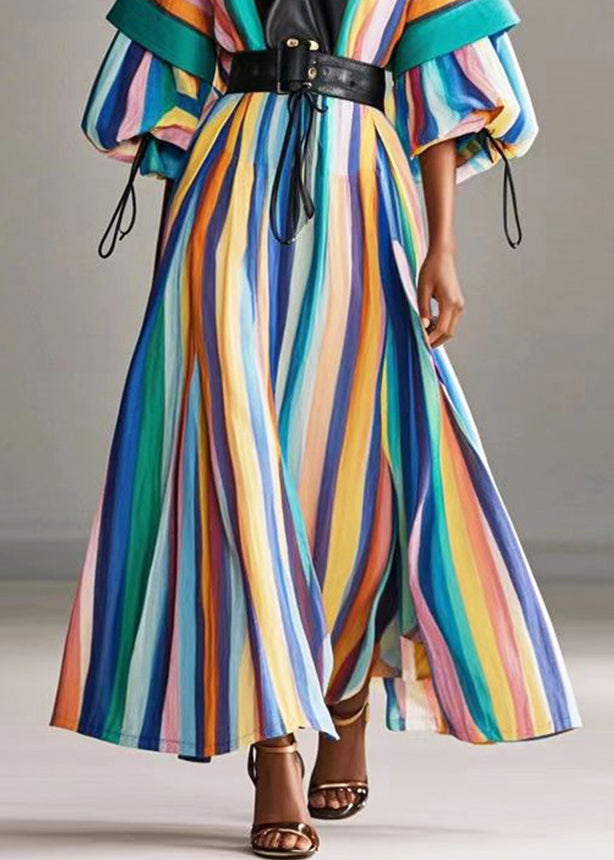 Rainbow Cinched Striped Cotton Holiday Dress Lantern Sleeve