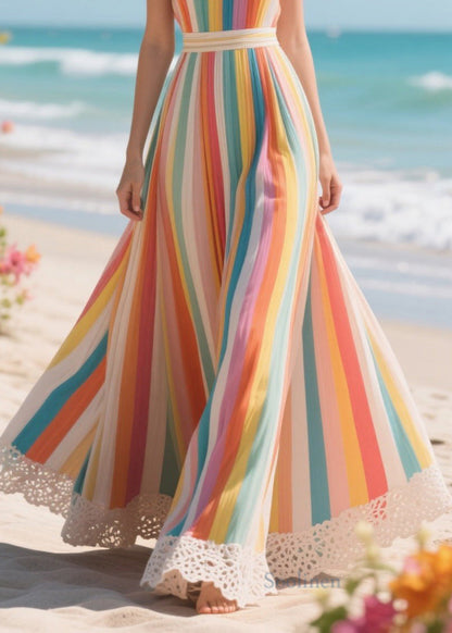 Rainbow Striped Patchwork Lace Chiffon Cami Dresses Summer