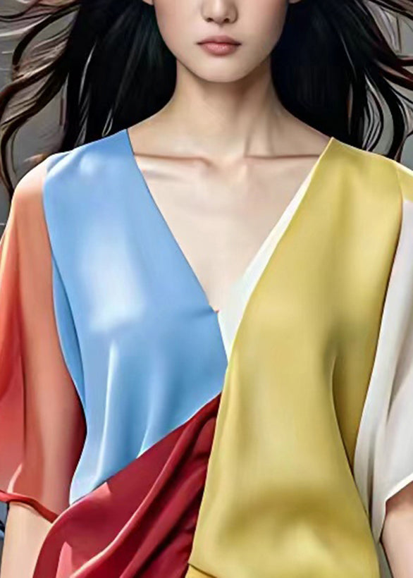 Rainbow V Neck Asymmetrical Chiffon Shirts Short Sleeve