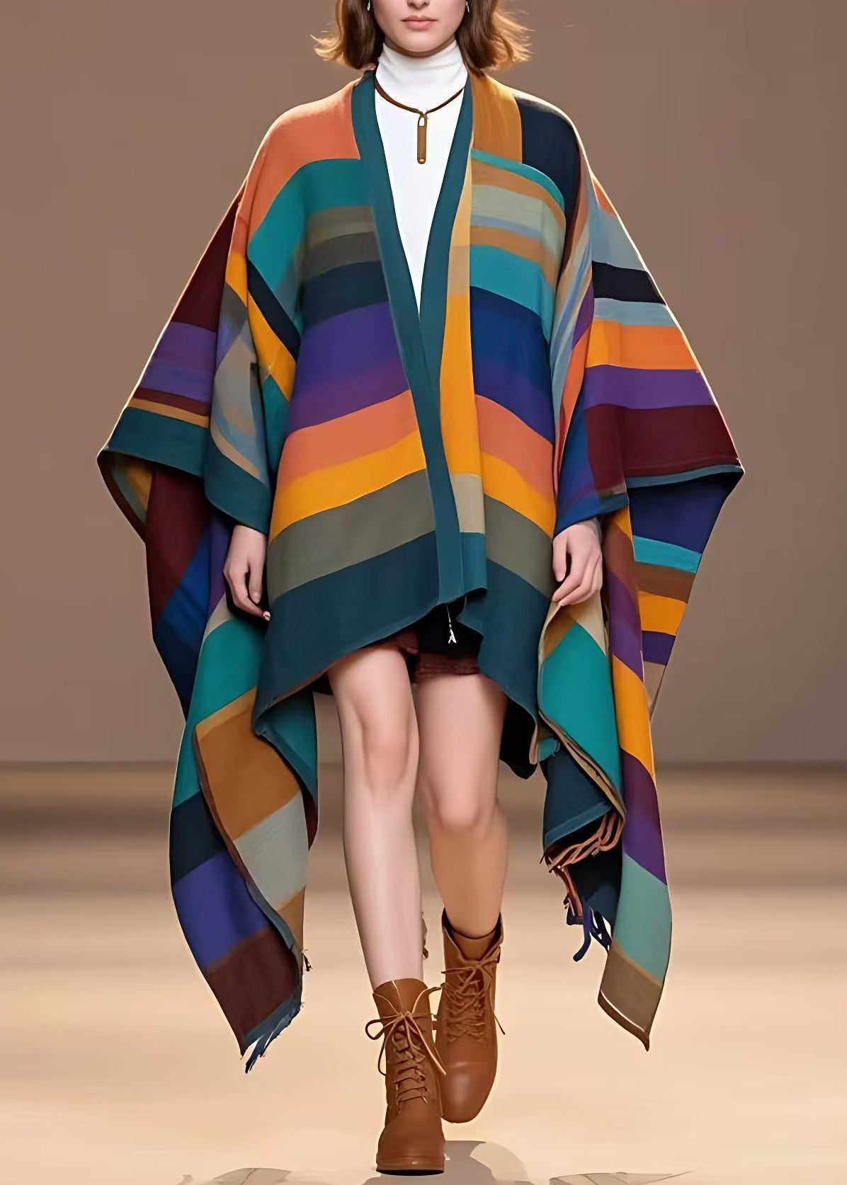 Rainbow V Neck Striped Woolen Coat Long Fall