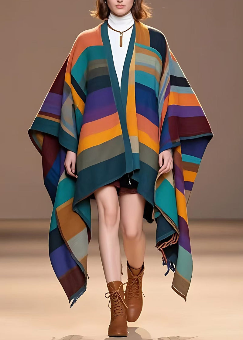 Rainbow V Neck Striped Woolen Coat Long Fall