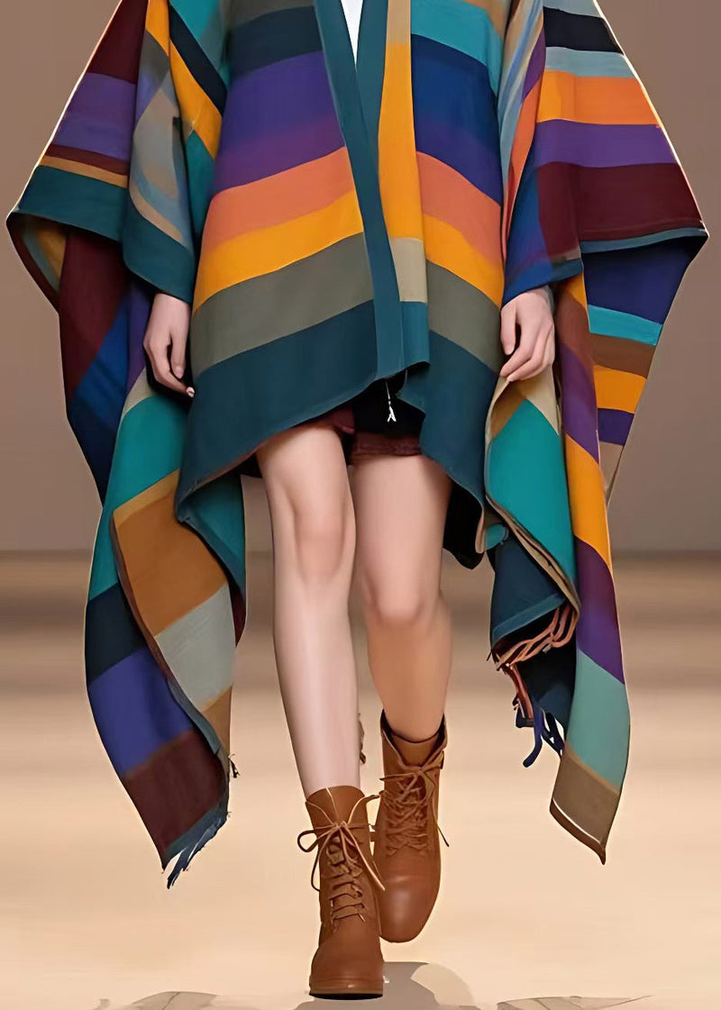 Rainbow V Neck Striped Woolen Coat Long Fall
