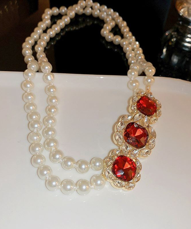 Red Alloy Zircon Bilayer Pearl Gratuated Bead Necklace Gh1022