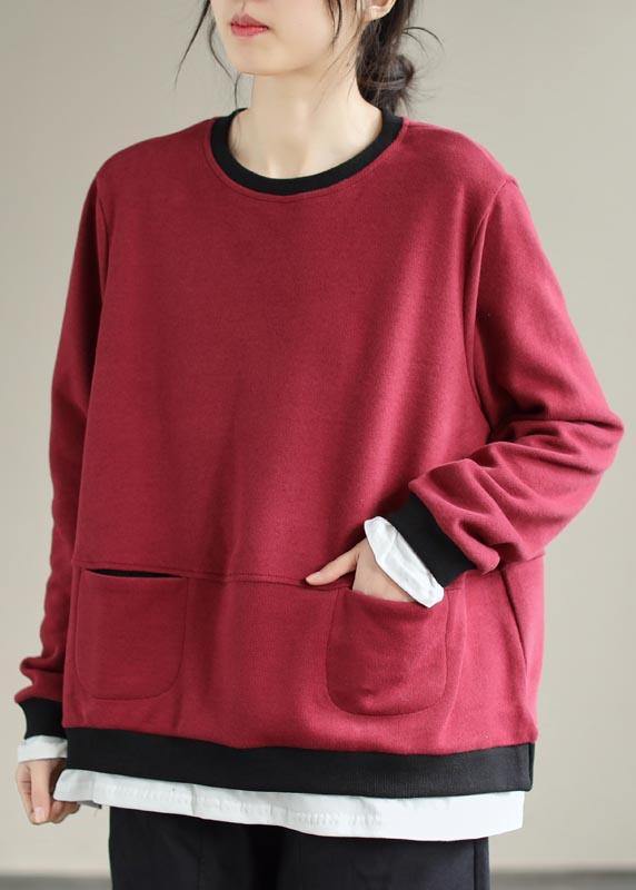 Beautiful Red Clothes For Women O Neck False Two Pieces Silhouette Spring Blouse
