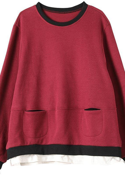 Beautiful Red Clothes For Women O Neck False Two Pieces Silhouette Spring Blouse