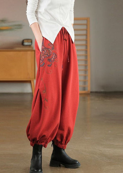 Red Elastic Waist Embroideried Warm Fleece Beam Pants Winter