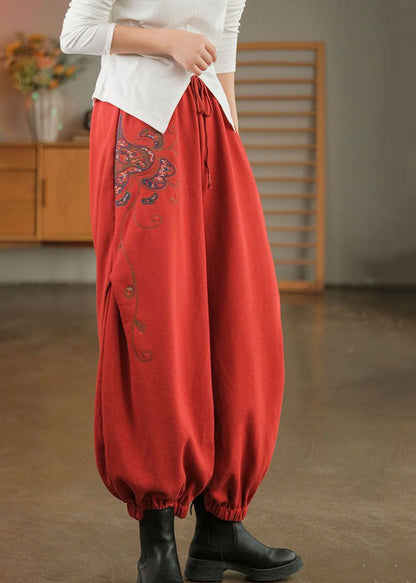 Red Elastic Waist Embroideried Warm Fleece Beam Pants Winter