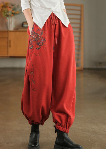 Red Elastic Waist Embroideried Warm Fleece Beam Pants Winter