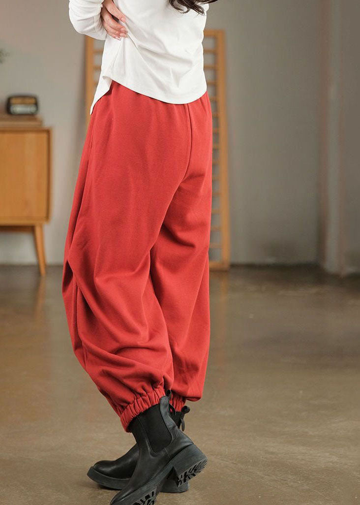 Red Elastic Waist Embroideried Warm Fleece Beam Pants Winter