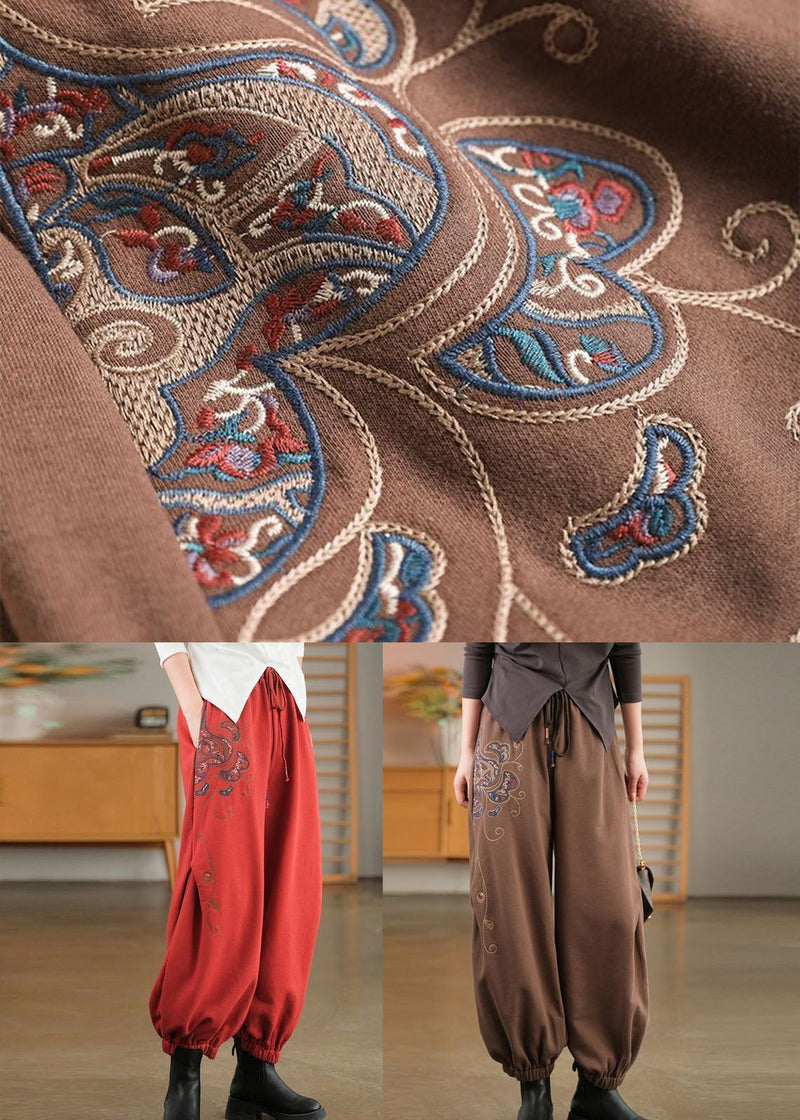 Red Elastic Waist Embroideried Warm Fleece Beam Pants Winter