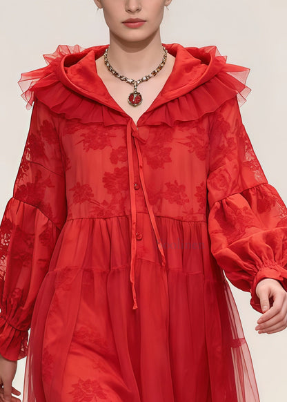 Red Embroidered Patchwork Tulle Hooded Dress Spring