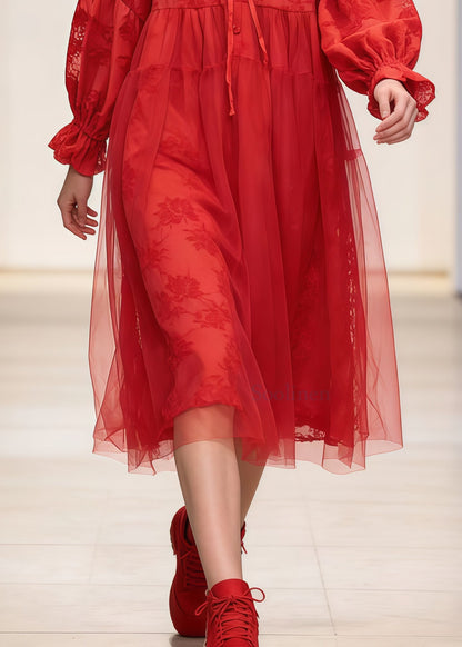 Red Embroidered Patchwork Tulle Hooded Dress Spring