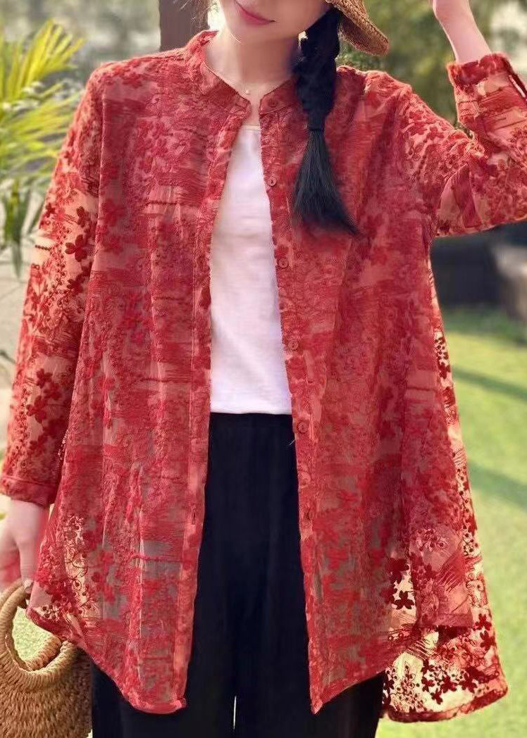 Red Embroidered Button Patchwork Lace Shirt Fall