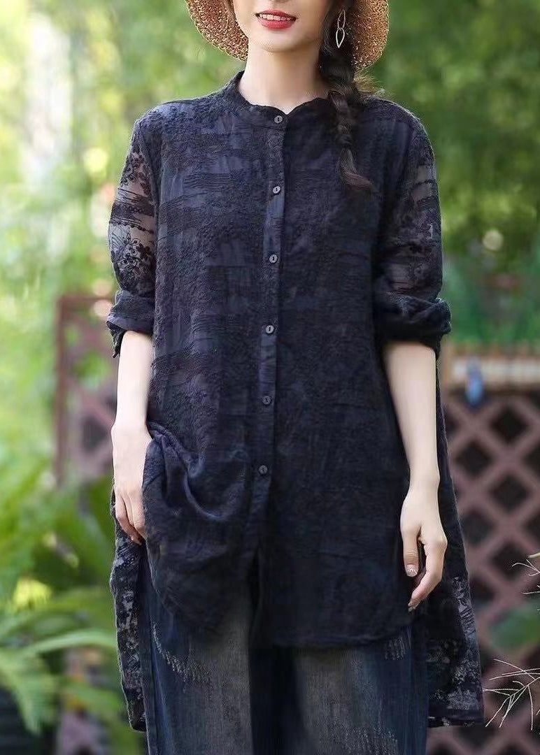 Red Embroidered Button Patchwork Lace Shirt Fall
