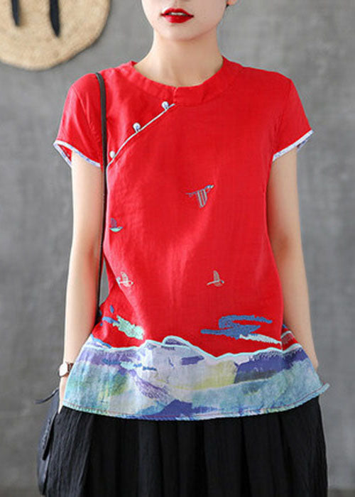 Red Embroidered Chinese Button Cotton Tank Short Sleeve