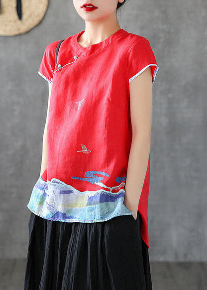 Red Embroidered Chinese Button Cotton Tank Short Sleeve