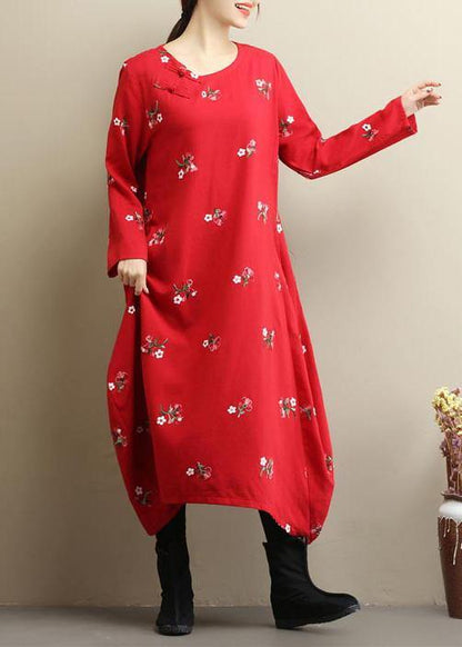 Red Embroidery Long Dress O Neck Asymmetric Art Spring Dresses