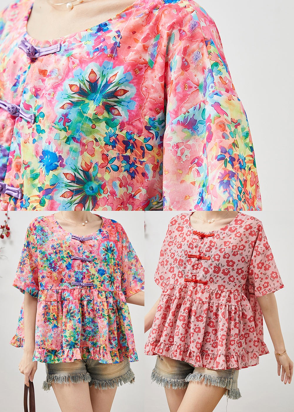 Red Cotton Blouses Chinese Button Summer