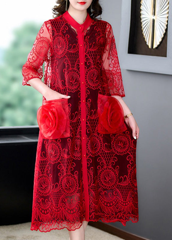 Red Hollow Out Tulle Long Coat Half Sleeve