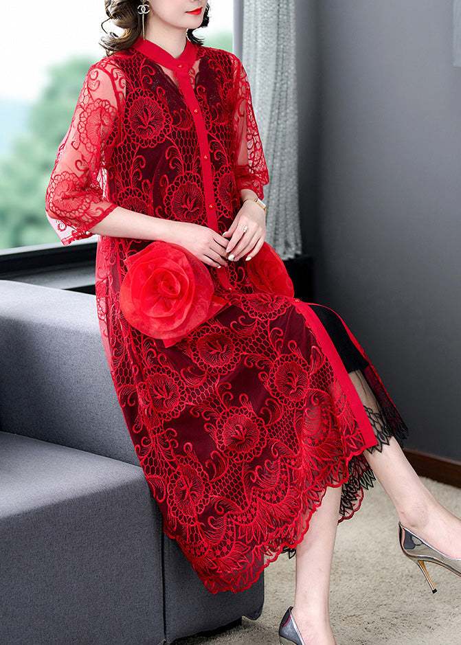 Red Hollow Out Tulle Long Coat Half Sleeve