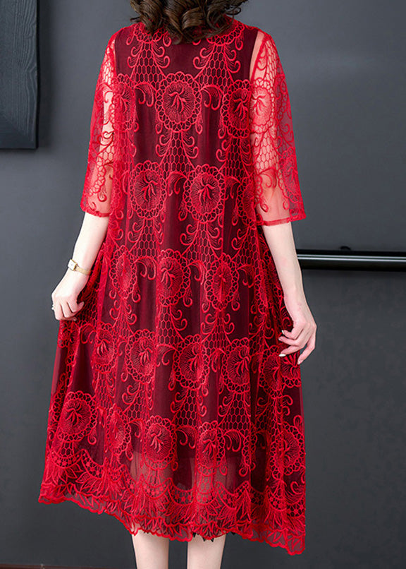 Red Hollow Out Tulle Long Coat Half Sleeve