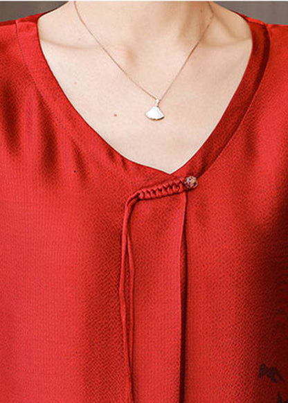 Red Gradient Color O-neck Tassel Print Silk Dresses Short Sleeve
