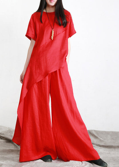 Red O-neck Asymmetrical Linen Top and Pants Two Pieces Sets Summer