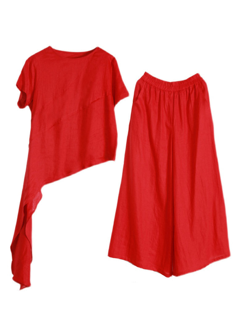 Red O-neck Asymmetrical Linen Top and Pants Two Pieces Sets Summer