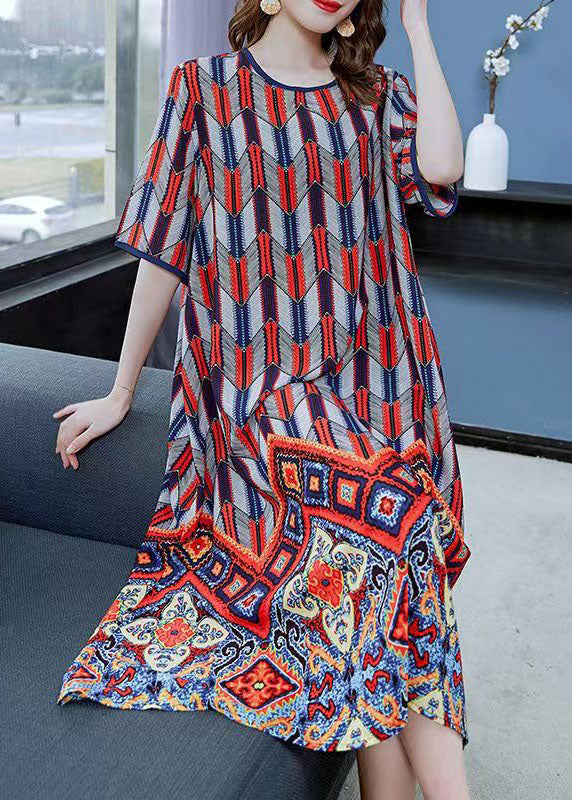 Red O Neck Print Patchwork Chiffon Dresses Summer