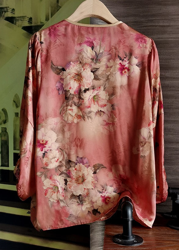 Red O Neck Print Silk Tops Lantern Sleeve