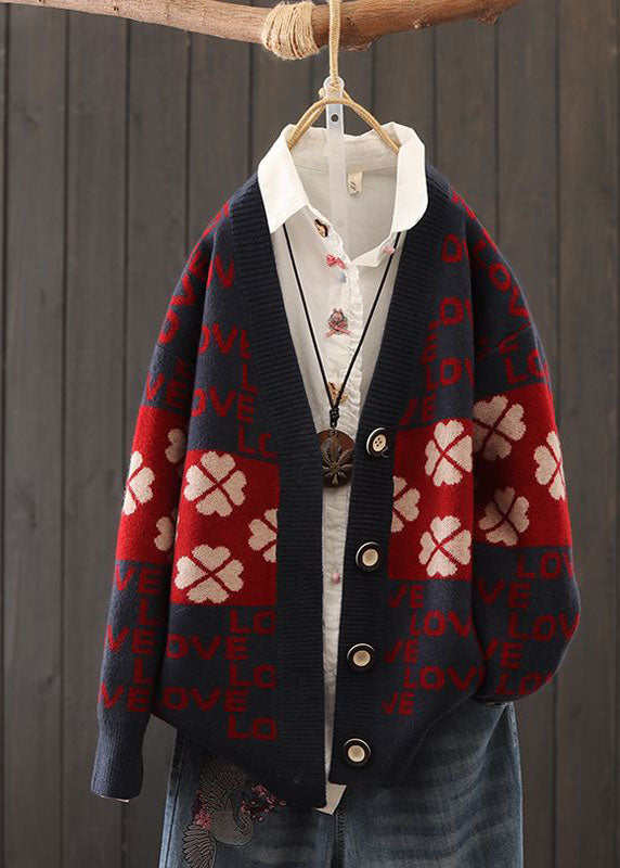 Red Oversized Patchwork Letter Print Knit Cardigans Winter