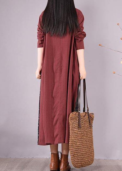 Red Patchwork Print Dress O Neck Pockets Traveling Spring Dresses