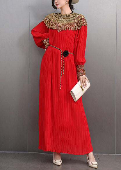 Red Patchwork Slim Party Long Dress Lantern Sleeve