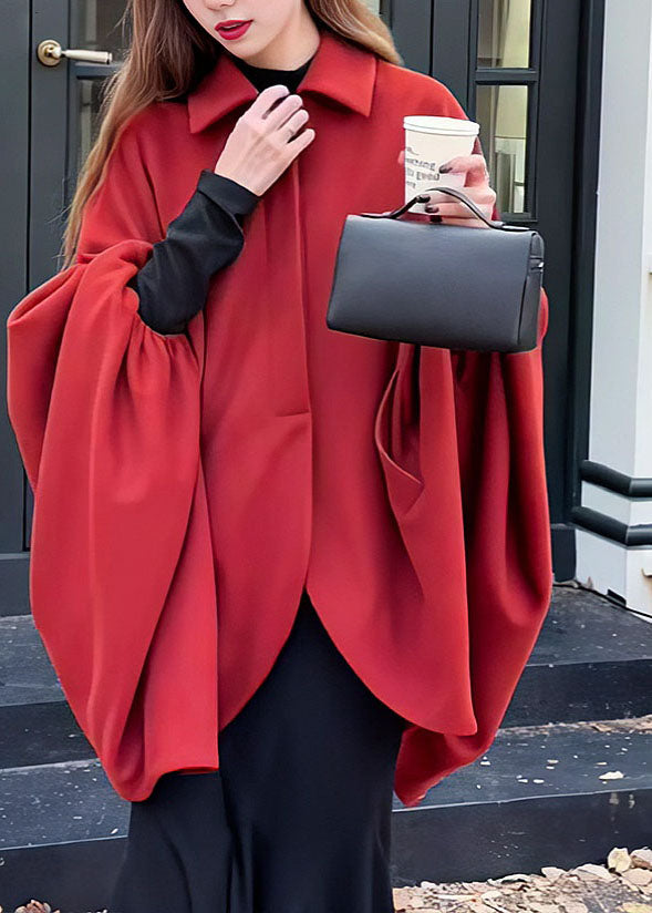 Red Peter Pan Collar Asymmetrical Woolen Cape Bracelet Sleeve