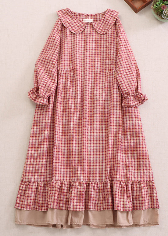 Red Plaid Peter Pan Collar Ruffled Cotton Dresses Spring