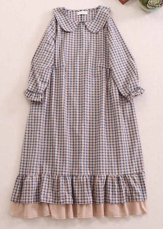 Red Plaid Peter Pan Collar Ruffled Cotton Dresses Spring