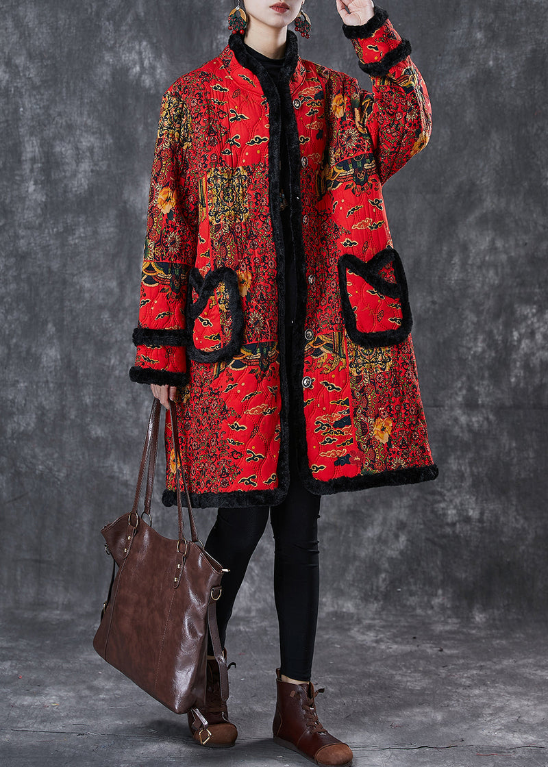 Red Print Patchwork Warm Fleece Trench Winter
