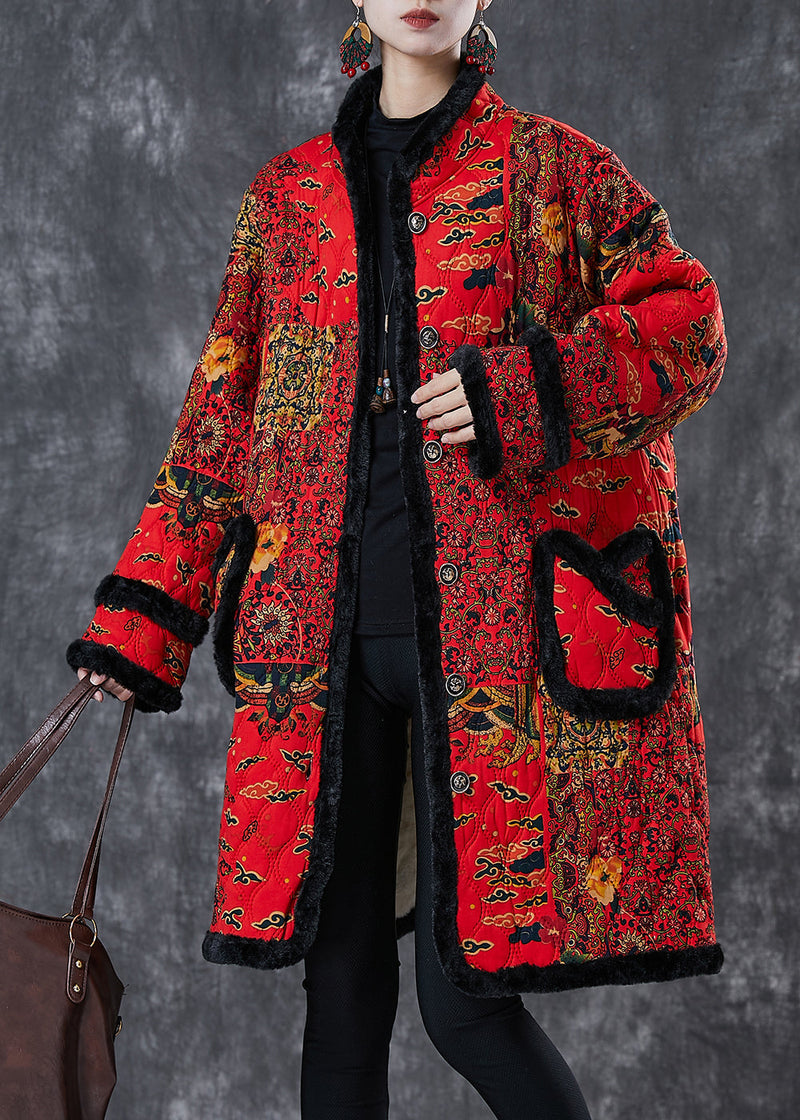 Red Print Patchwork Warm Fleece Trench Winter
