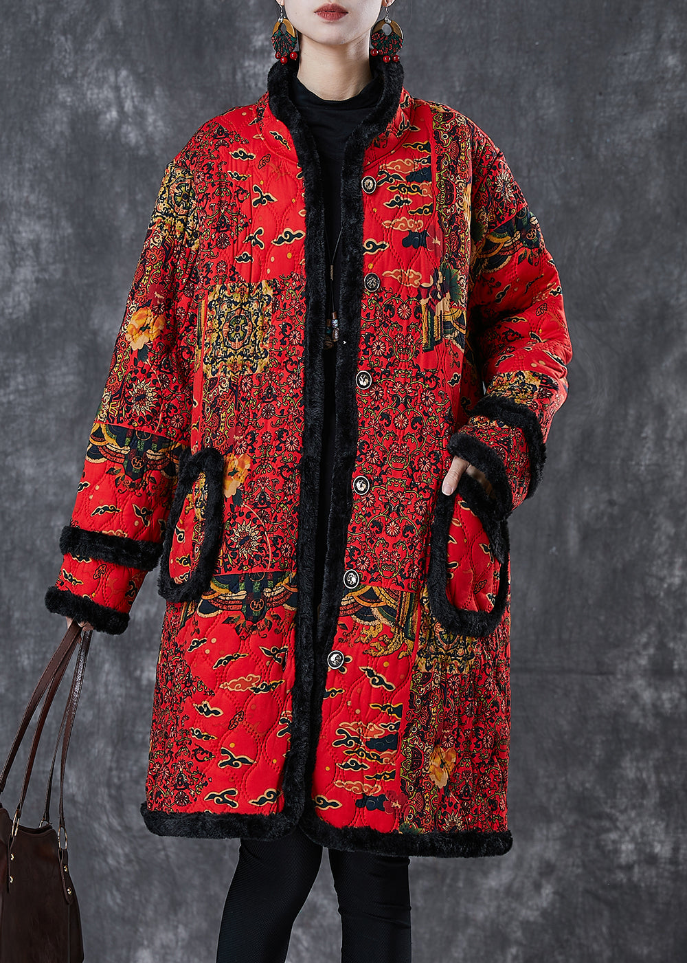 Red Print Patchwork Warm Fleece Trench Winter